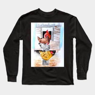 Chickens Farmhouse Sketch Long Sleeve T-Shirt